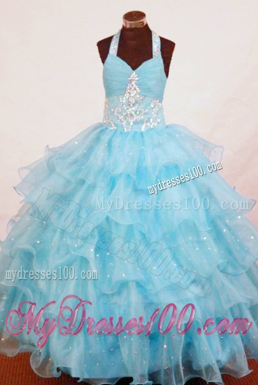 2013 Halter Top Aqua Blue Appliques Little Girl Pageant Dresses