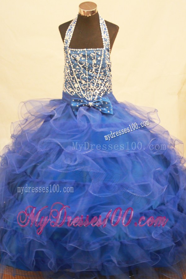 Halter Top Blue and Beading Bowknot For Little Girl Pageant Dresses