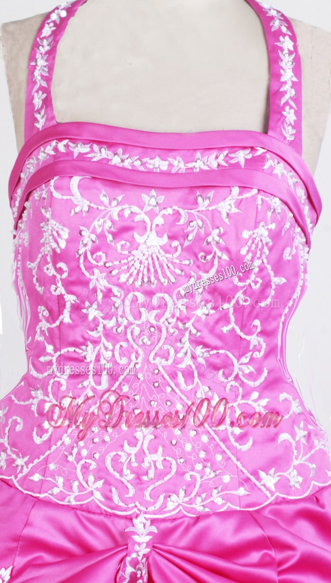 Halter Top and Embroidery For Hot Pink Little Girl Pageant Dresses With Appliques and Pick-ups