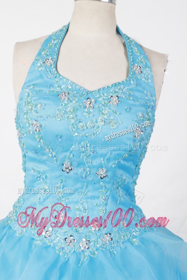 Halter and Baby Blue For Appliques Little Girl Pageant Dresses