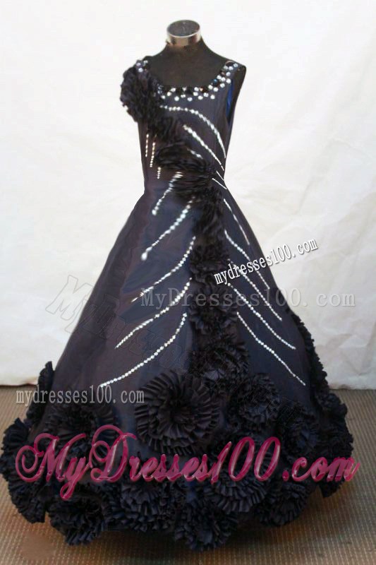 Hand Made Flowers Black Scoop Beading Little Girl Pageant Dresses