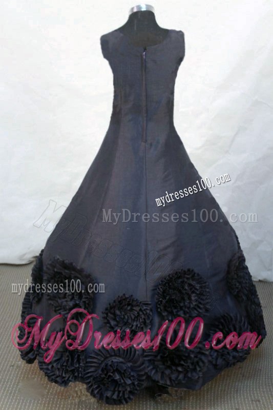 Hand Made Flowers Black Scoop Beading Little Girl Pageant Dresses