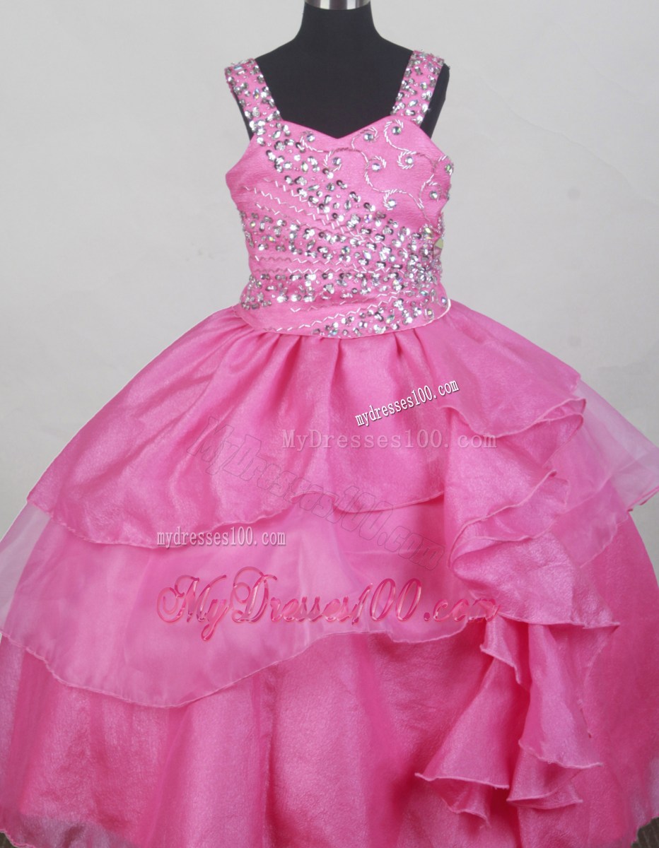 Hot Pink Straps Neckline Beaded Decorate Bodices Flower Girl Pageant Dress