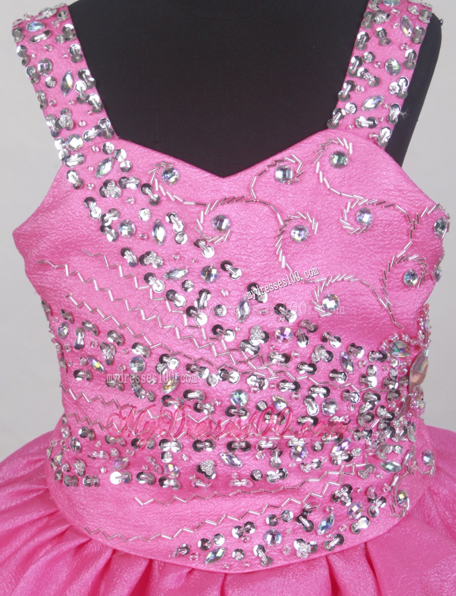 Hot Pink Straps Neckline Beaded Decorate Bodices Flower Girl Pageant Dress