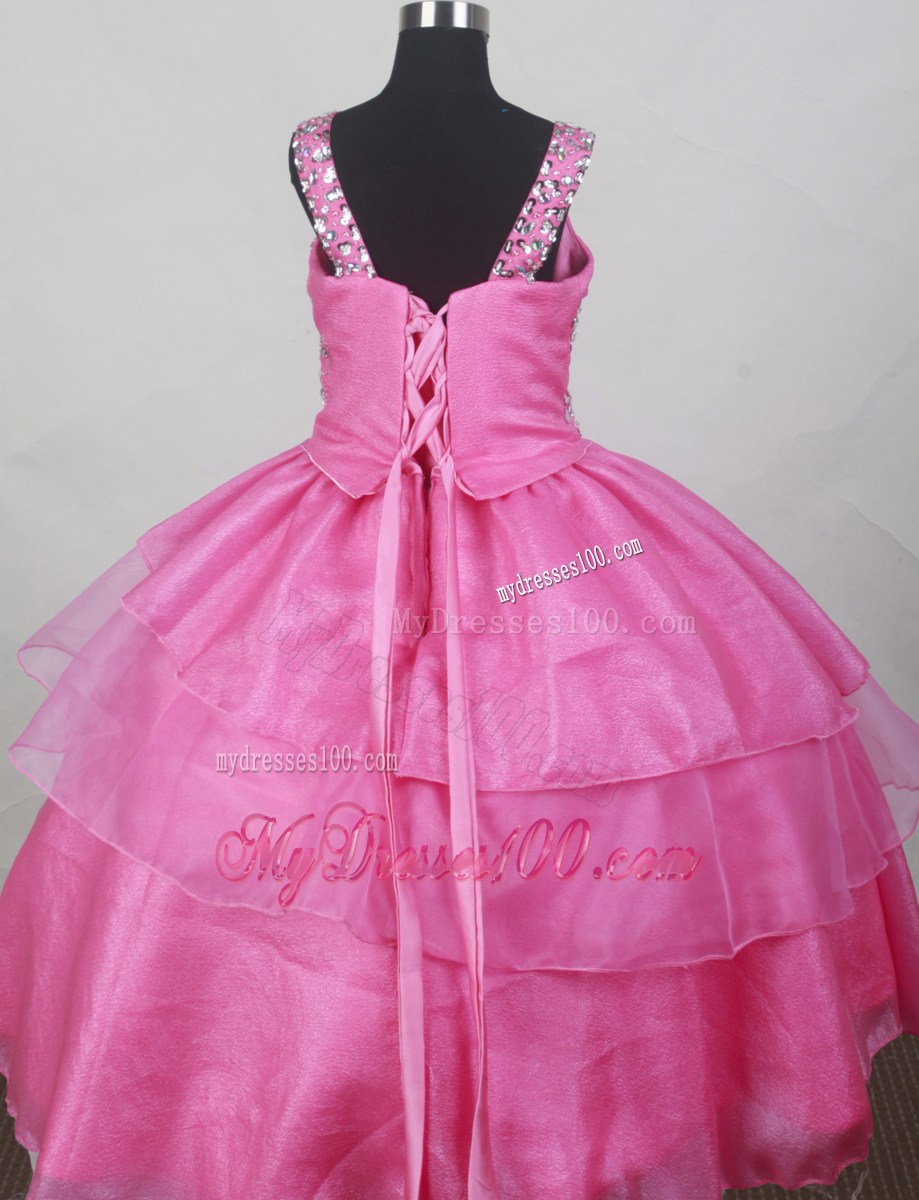 Hot Pink Straps Neckline Beaded Decorate Bodices Flower Girl Pageant Dress
