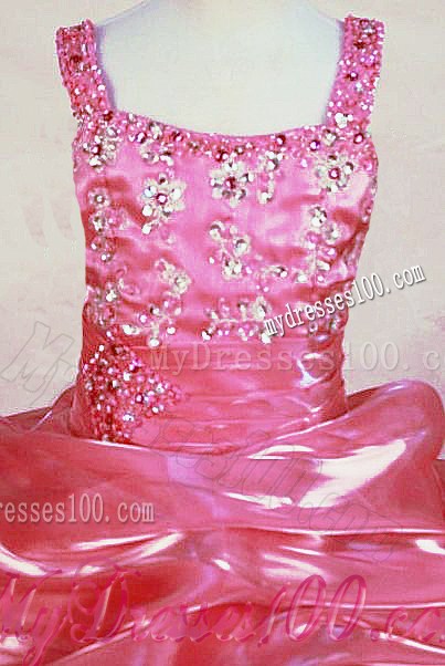Hottest Appliques Straps Rose pink Beading Little Girl Pageant Dresses