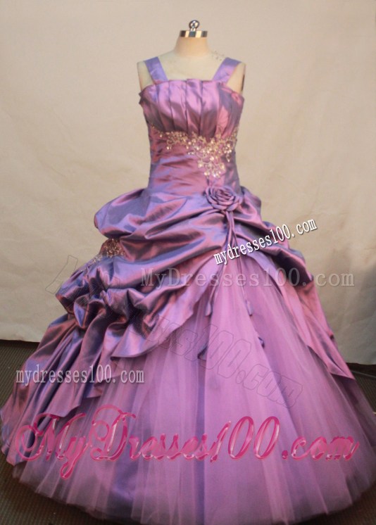 Lavender Taffeta and Tulle Straps Neckline Appliques and Flowers Decorate Flower Gril Pageant Dress