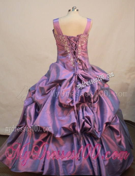 Lavender Taffeta and Tulle Straps Neckline Appliques and Flowers Decorate Flower Gril Pageant Dress