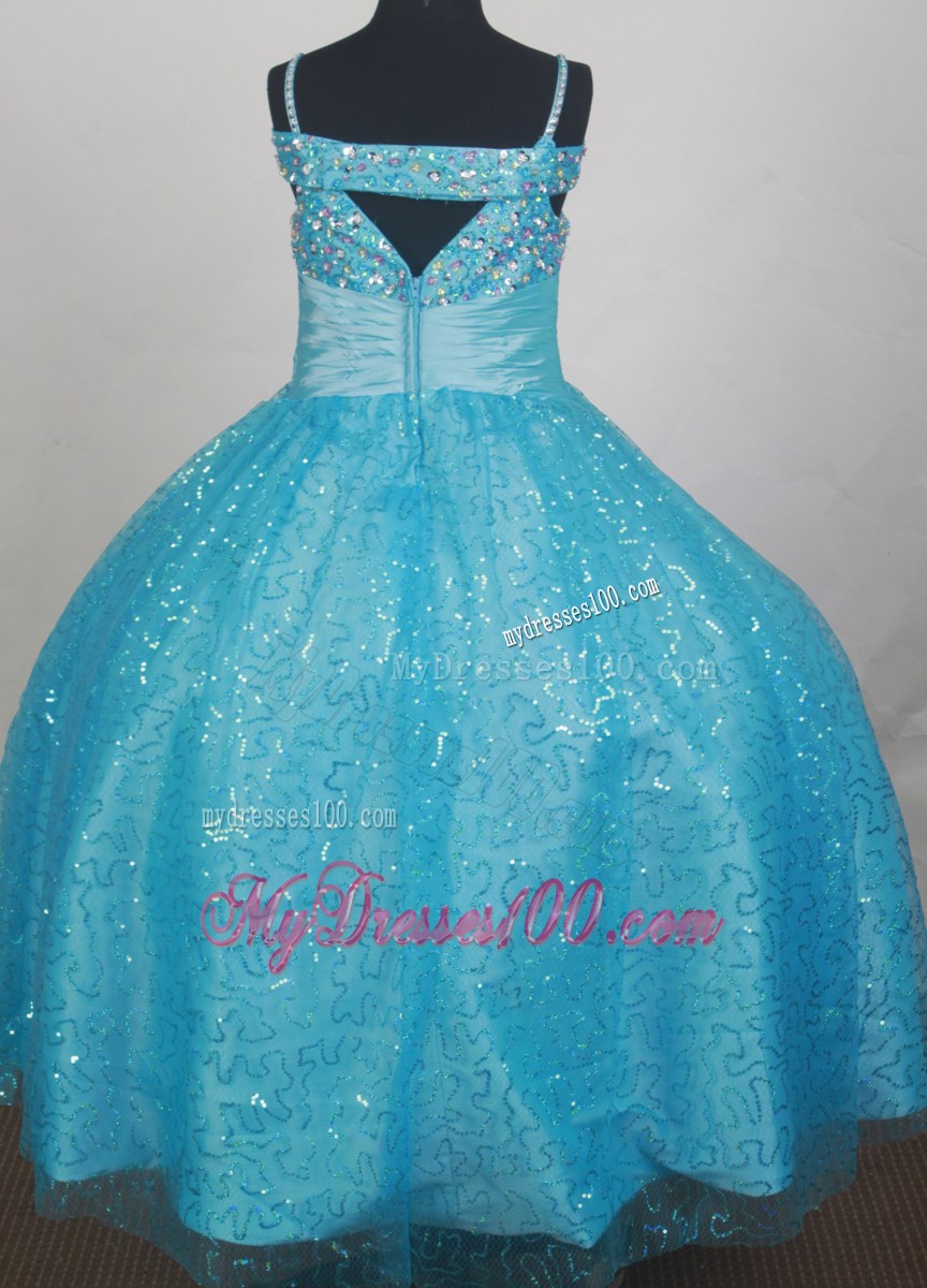 Light Blue Sequin Flower Girl Dress With Spaghetti Straps Neckline Beaded Decorate