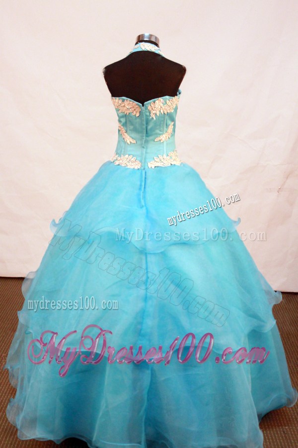 Lovely A-line Appliques Decorate Halter Floor-length Little Pageant Girl Dress