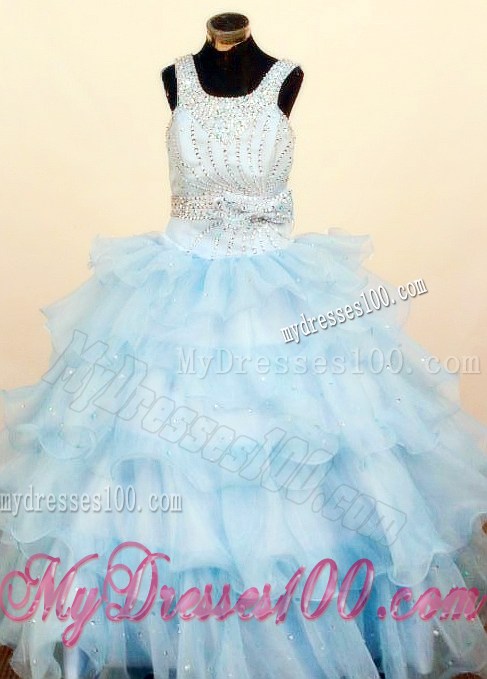 Lovely Baby Blue Ruffled Layeres Little Girl Pageant Dresses Square Neck Floor-Length Ball Gown