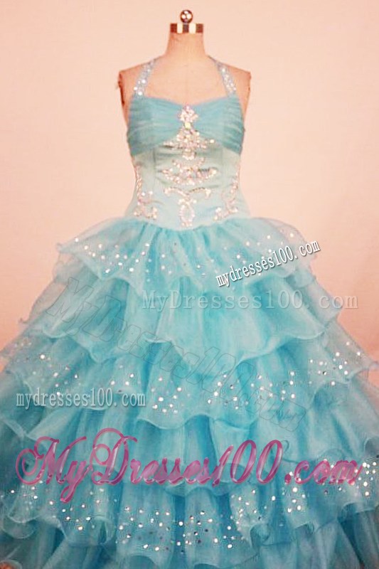 Lovely Ball Gown Little Girl Pageant Dress Ruffled Layered Halter With Floor-Length Aqua Blue Organza