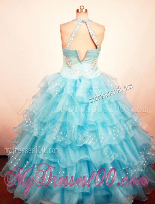 Lovely Ball Gown Little Girl Pageant Dress Ruffled Layered Halter With Floor-Length Aqua Blue Organza