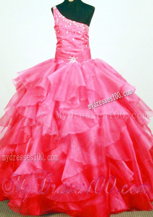 Lovely Beaded Decorate Bust One Shoulder Neck Ruffled Layeres Coral Red Little Girl Pageant Dresses