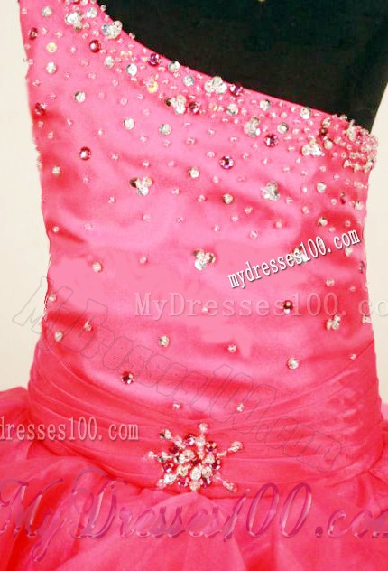 Lovely Beaded Decorate Bust One Shoulder Neck Ruffled Layeres Coral Red Little Girl Pageant Dresses