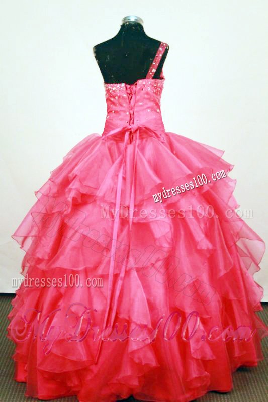 Lovely Beaded Decorate Bust One Shoulder Neck Ruffled Layeres Coral Red Little Girl Pageant Dresses