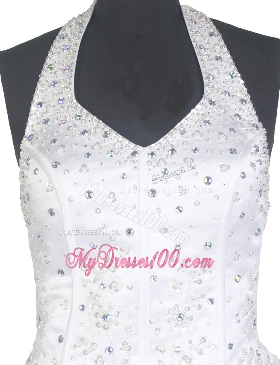 White Halter Top Floor-length Beading Ruffled Layers Little Gril Pageant Dress