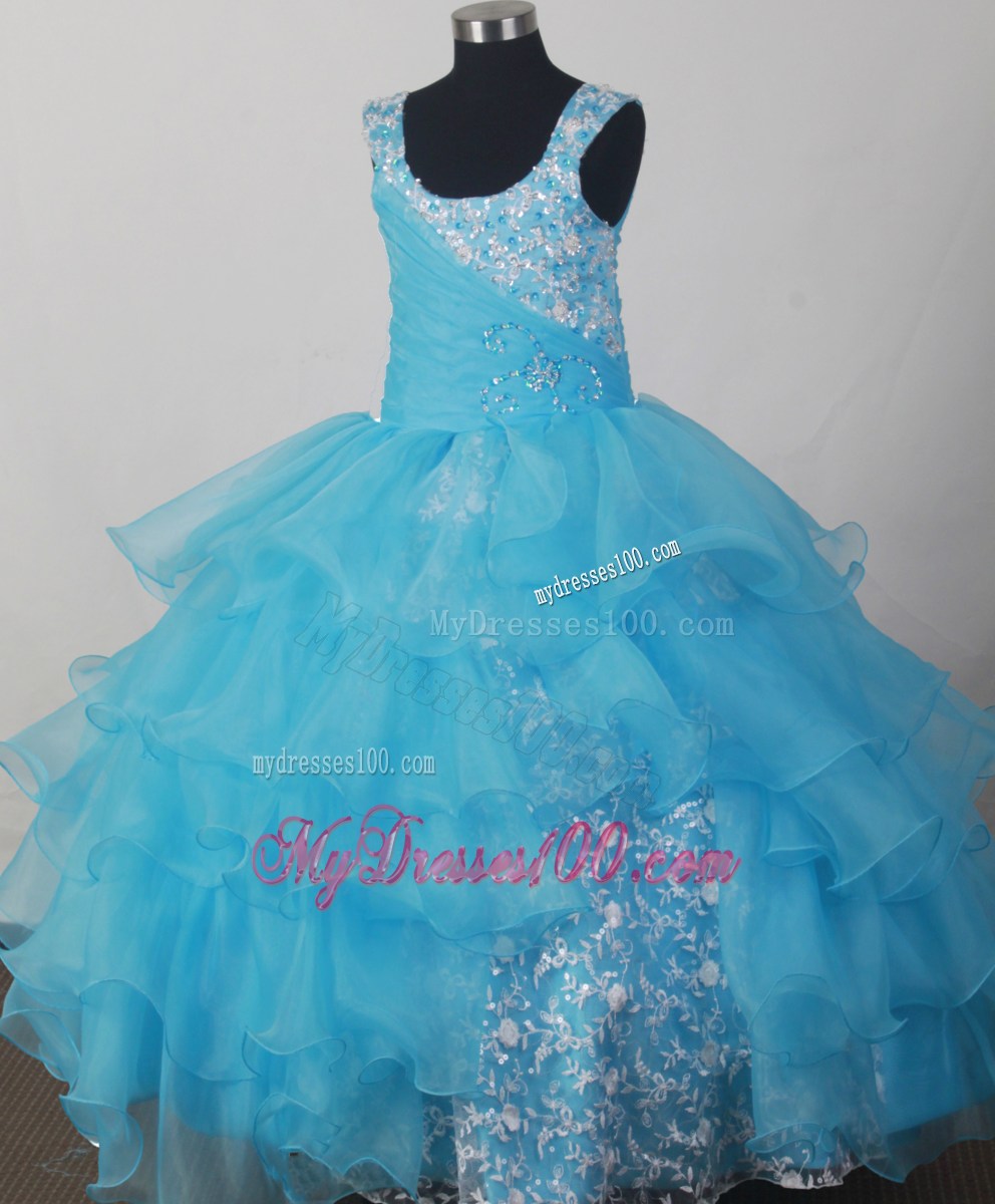 Lovely Light Blue Scoop Neckline Appliques Decorate Flower Girl Pagaent Dress