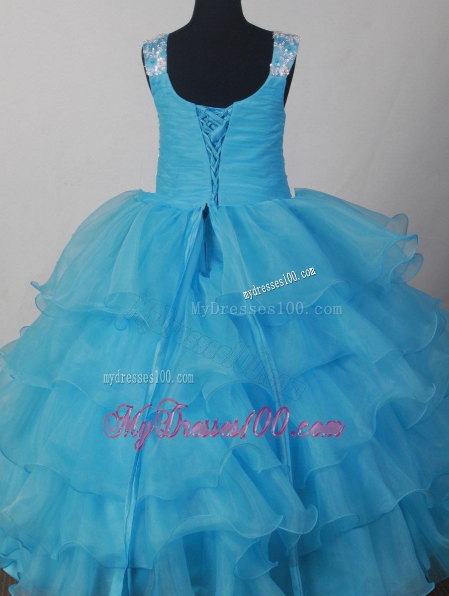 Lovely Light Blue Scoop Neckline Appliques Decorate Flower Girl Pagaent Dress