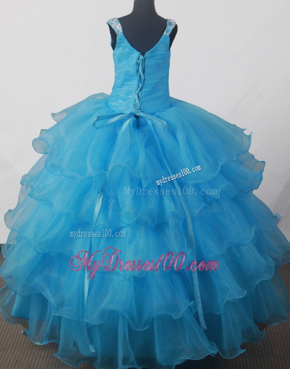 Lovely Light Blue Scoop Neckline Appliques Decorate Flower Girl Pagaent Dress