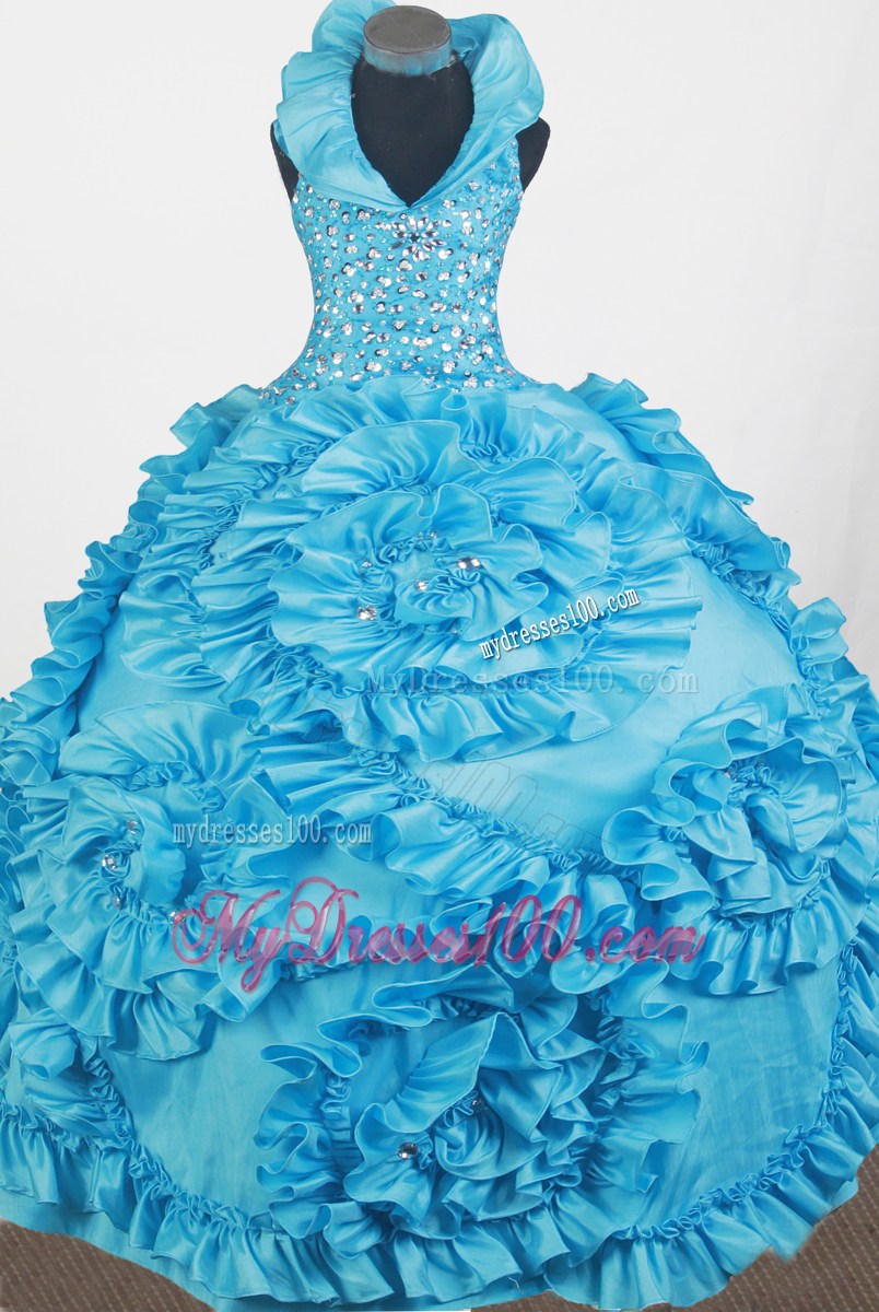 Beading Hand Made Flowers Halter Top Floor-length Ball Gown Little Gril Pageant Dress