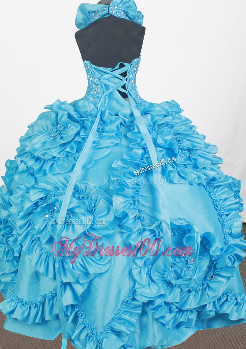Beading Hand Made Flowers Halter Top Floor-length Ball Gown Little Gril Pageant Dress