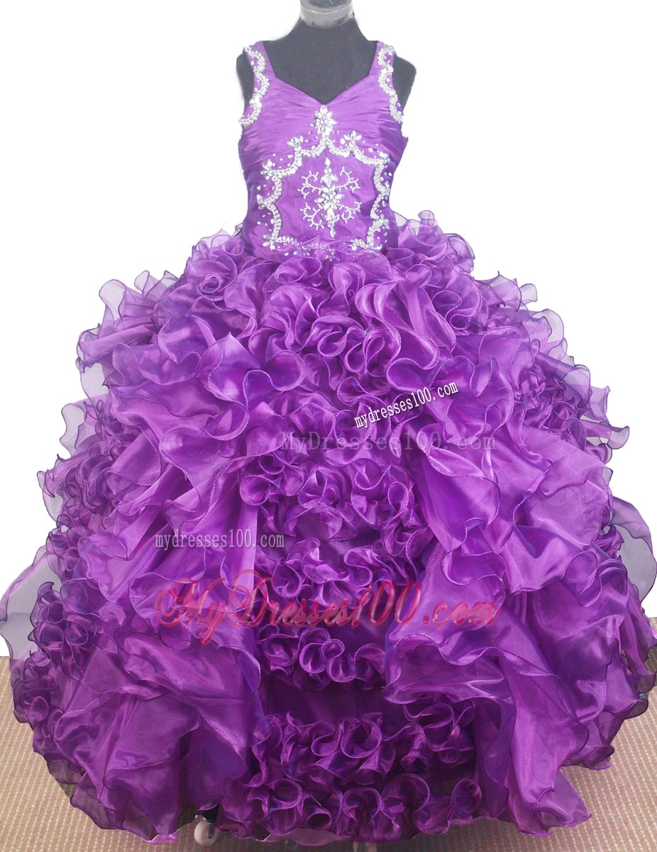 Luxurious Beading and Ruffles Ball Gown V-neck Floor-length Little Gril Pageant Dress