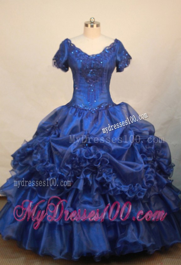 Luxurious Blue V-neck Short Sleeves Beaded Decorate Organza Flower Girl Pageant Dress