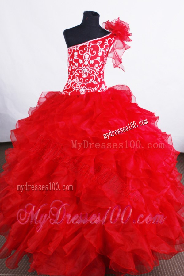 Luxurious Flower Girl Pageant Dress One Shoulder Neckline With Ruffled Layers and Embroidery Decorate Organza