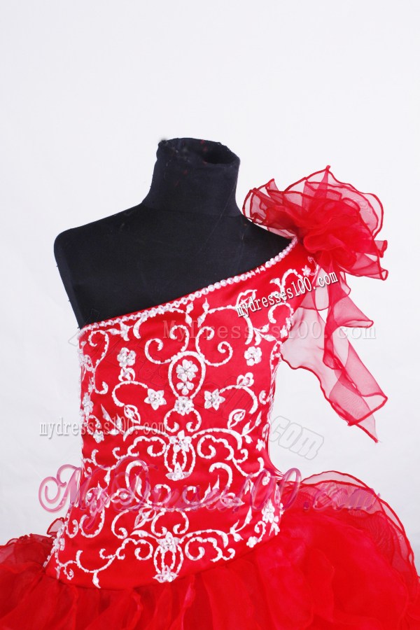 Luxurious Flower Girl Pageant Dress One Shoulder Neckline With Ruffled Layers and Embroidery Decorate Organza