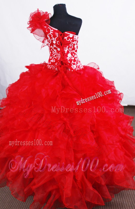 Luxurious Flower Girl Pageant Dress One Shoulder Neckline With Ruffled Layers and Embroidery Decorate Organza