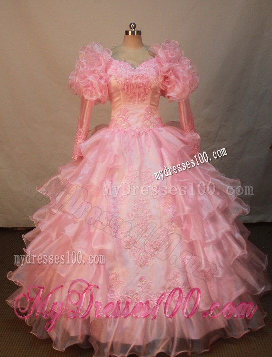 Luxurious Watermelon Organza Flower Girl Pageant Dress With Long Sleeves Appliques and Ruffled Layers Decorate