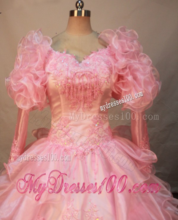 Luxurious Watermelon Organza Flower Girl Pageant Dress With Long Sleeves Appliques and Ruffled Layers Decorate