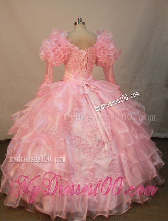 Luxurious Watermelon Organza Flower Girl Pageant Dress With Long Sleeves Appliques and Ruffled Layers Decorate