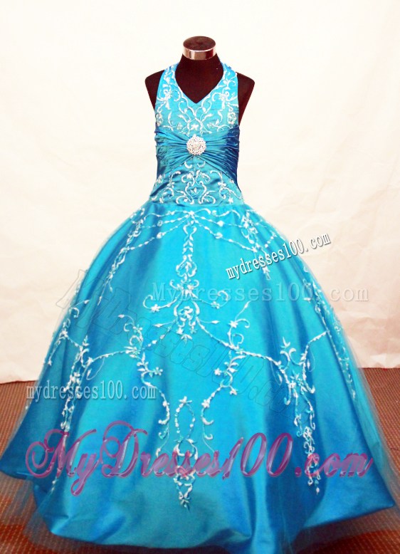 Modest Blue Flower Girl Pageant Dress With Appliques Decorate On Tulle Halter Neckline