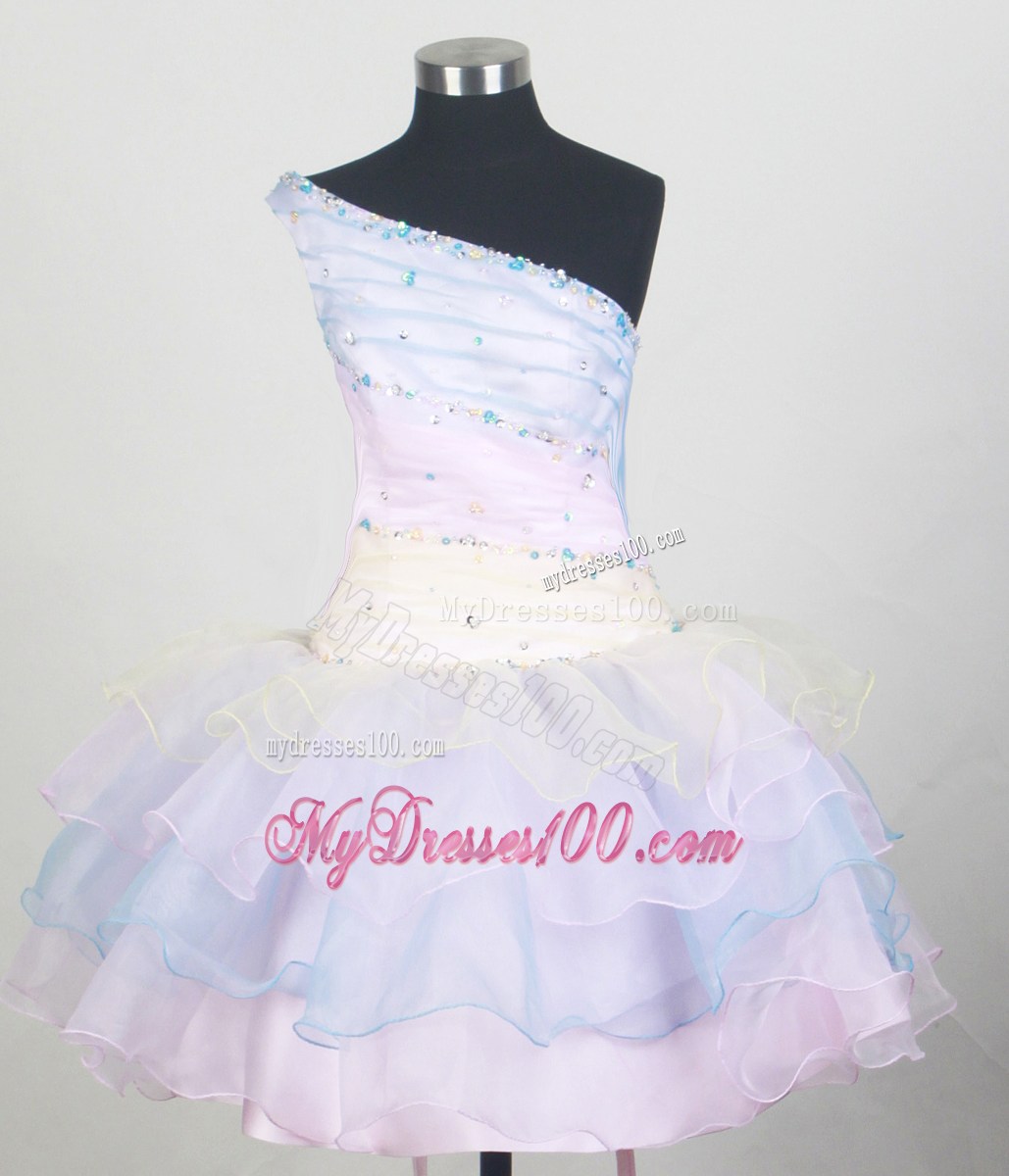 One Shoulder and Ruffled Layers For Colorful Little Girl Pageant Dresses With Beading