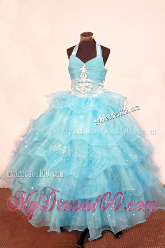 2013 Exquisite Halter Layers Aqua Beading Little Girl Pageant Dresses