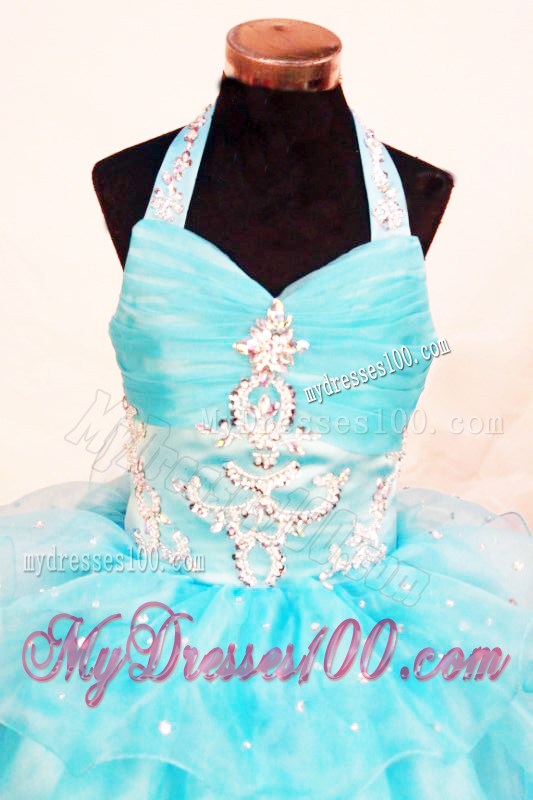 2013 Exquisite Halter Layers Aqua Beading Little Girl Pageant Dresses