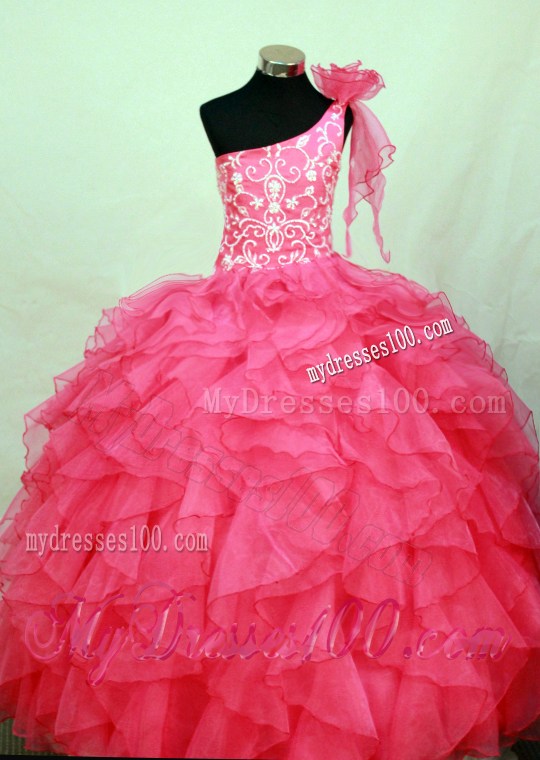 Perfect Hot Pink One Shoulder Neckline Flower Girl Pageant Dress With Embroidery and Flower Decorate Organza