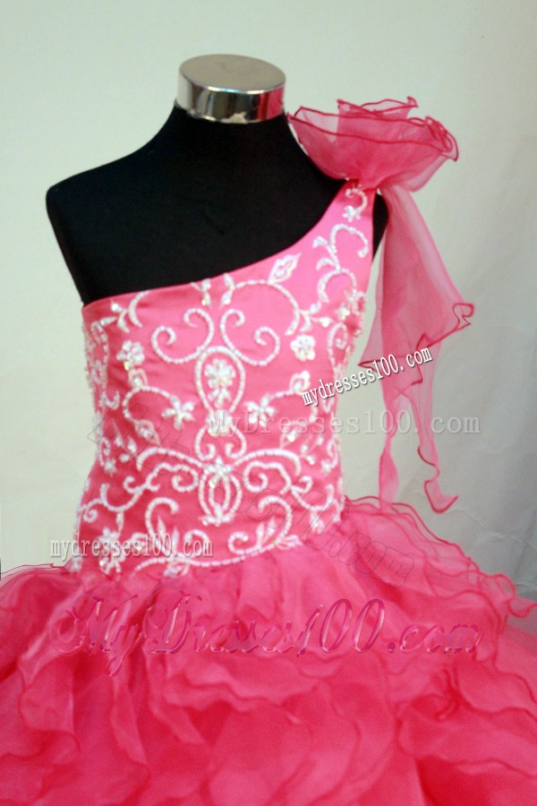 Perfect Hot Pink One Shoulder Neckline Flower Girl Pageant Dress With Embroidery and Flower Decorate Organza