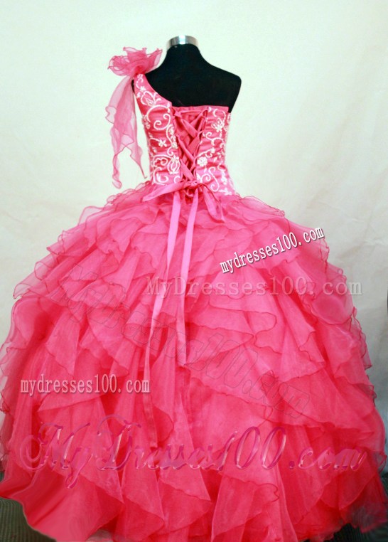 Perfect Hot Pink One Shoulder Neckline Flower Girl Pageant Dress With Embroidery and Flower Decorate Organza