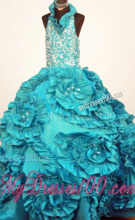 Perfect Little Girl Pageant Dresses Turquoise Halter Top Neck Ruffles Taffeta In 2013