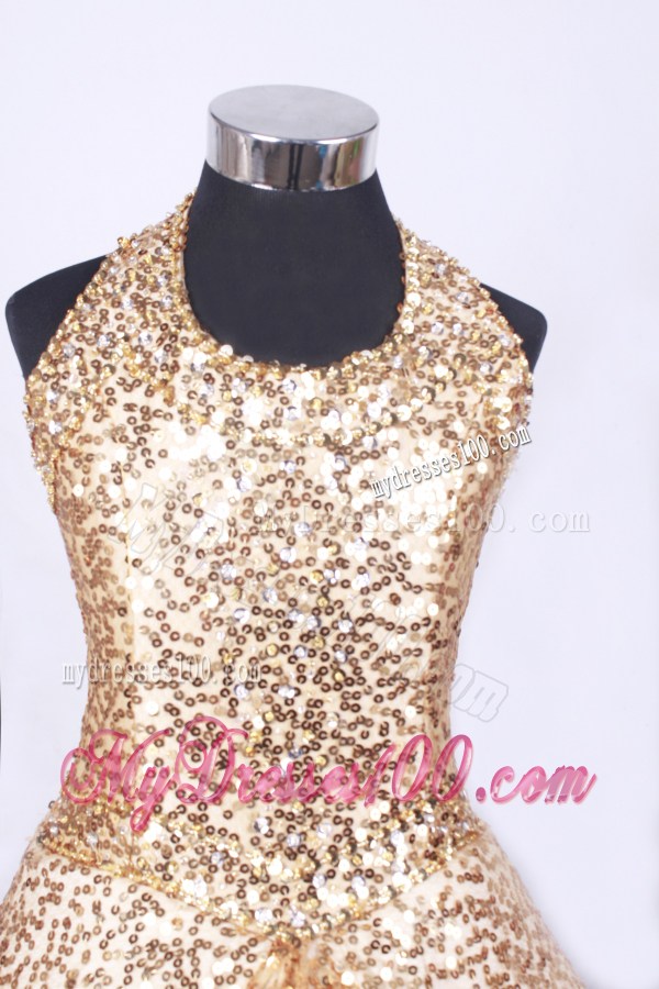 Popular A-line and Halter Top Neck For Little Girl Pageant Dresses With Gold