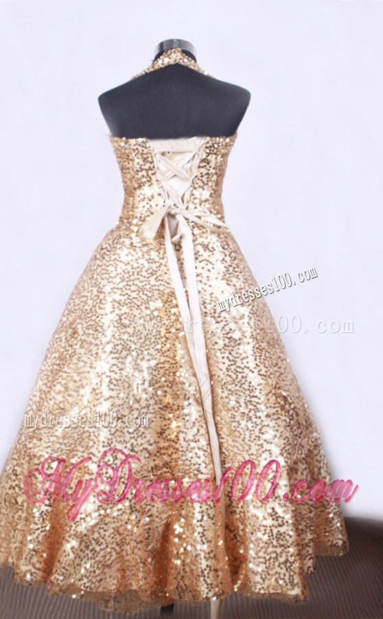Popular A-line and Halter Top Neck For Little Girl Pageant Dresses With Gold