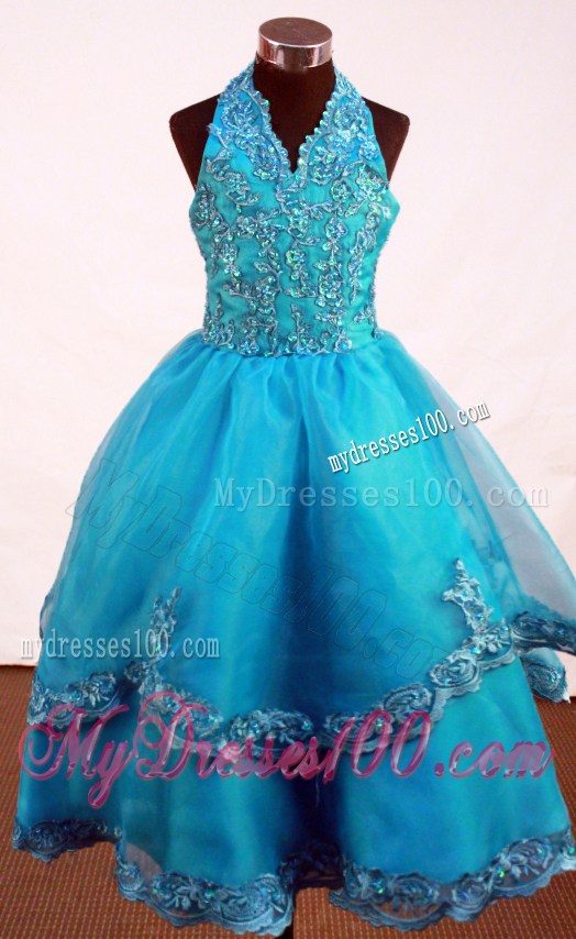 Popular Appliques Decorate Bodice A-line Halter Floor-length Little Girl Pageant Dress