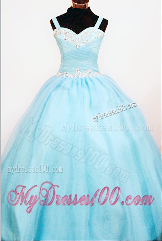 Popular Ball Gown Strap Custom Made Aqua Blue Appliques Little Girl Pageant Dresses