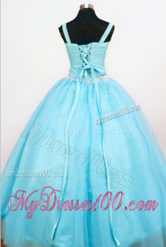Popular Ball Gown Strap Custom Made Aqua Blue Appliques Little Girl Pageant Dresses