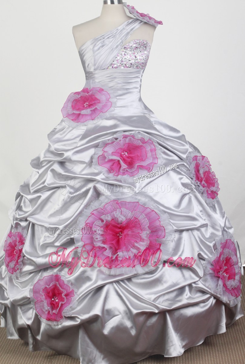 Popular Beading Hand Made Flowers Ball Gown One Shoulder Floor-length Little Gril Pageant Dress