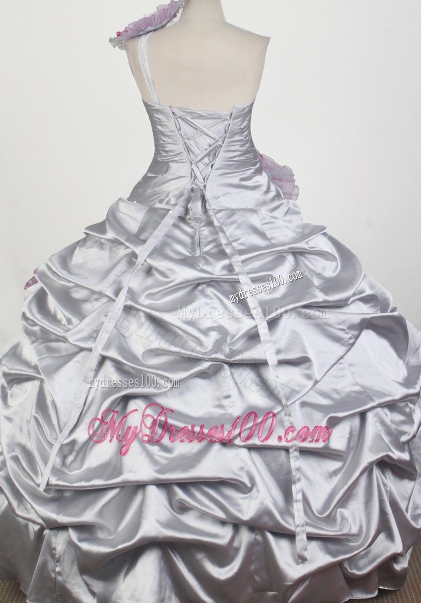 Popular Beading Hand Made Flowers Ball Gown One Shoulder Floor-length Little Gril Pageant Dress