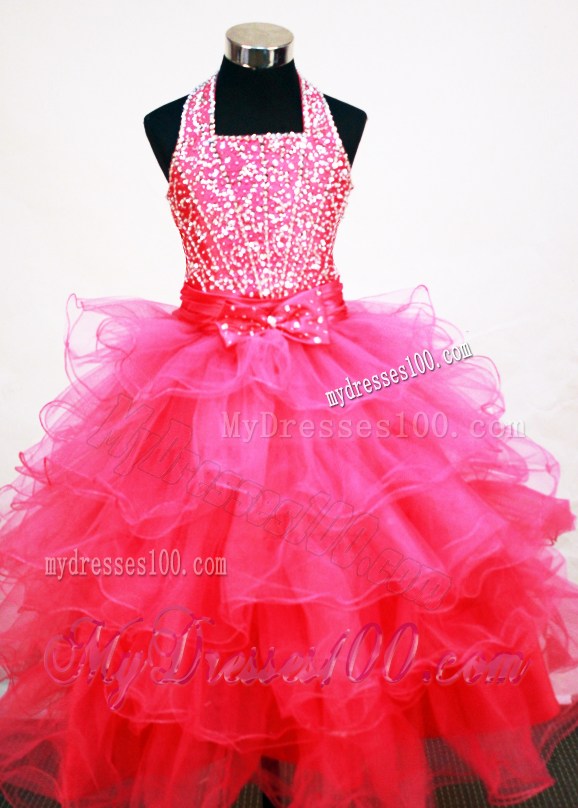 Popular Hot Pink Halter Neckline Beaded and Ruffled Layers Decorate Flower Girl Pageant Dress